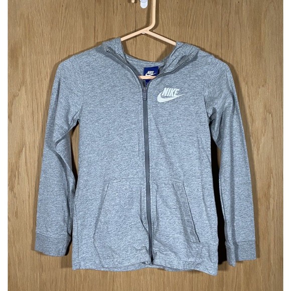 Nike Youth Size Med Gray Zip-Up Hoodie Lightweight White Swoosh Logo Pockets - Picture 1 of 7